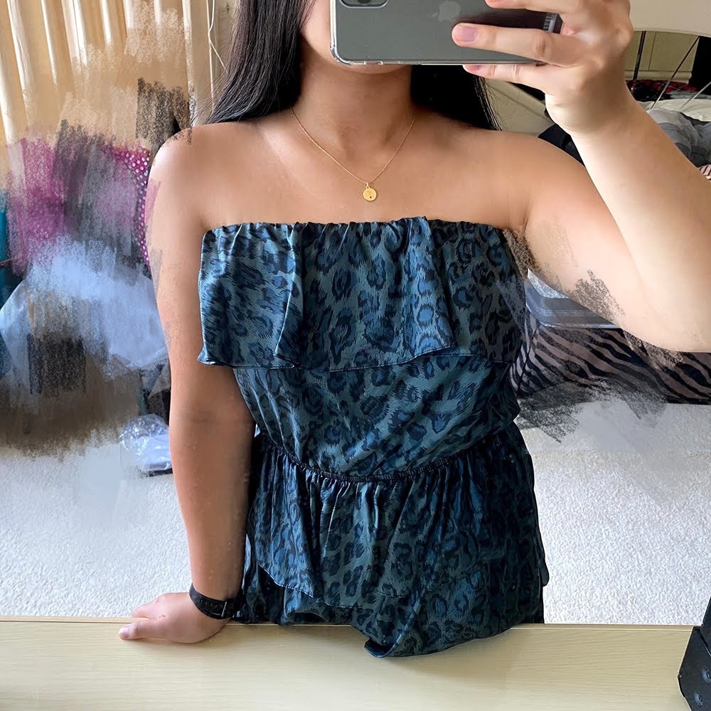 Strapless dark green leopard print midi dress
